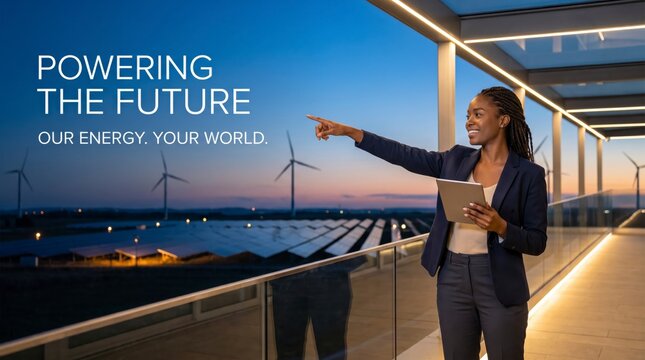 Businesswoman pointing at renewable energy wind turbines and solar farm at sunset