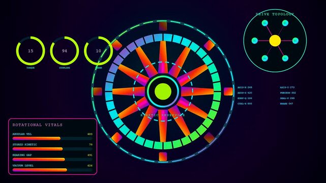 Dynamic power telemetry monitoring system displaying circular radial charts with fluctuating numerical values and glowing neon interface elements on a dark digital field for advanced energy tracking