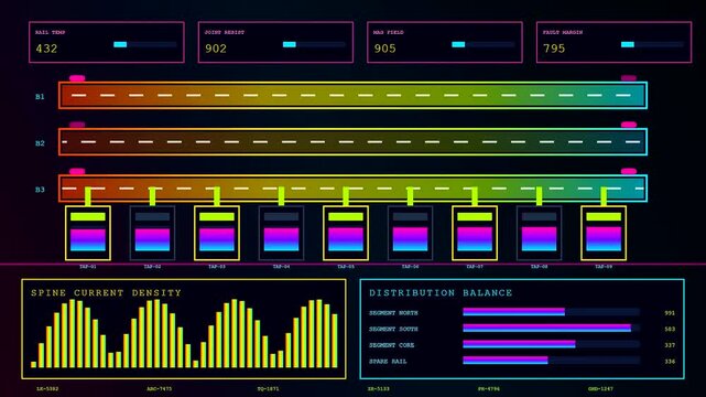 Digital displays showing power telemetry data with animated graphs and status bars on a dark screen interface as information flows across three separate monitor panel segments