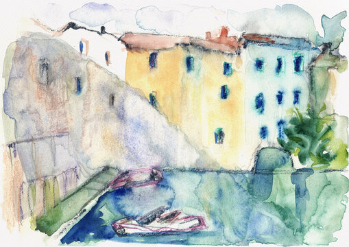 Small French Riviera Harbor with Pastel Houses &ndash; Hand-Painted Watercolor