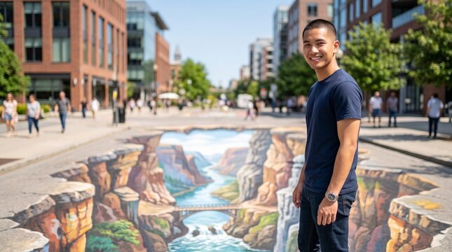 Young man standing next to a 3D street art painting of a canyon in a city plaza.