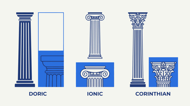 Architectural columns illustration showing classical Greek orders including Doric, Ionic, and Corinthian styles with detail blue boxes.