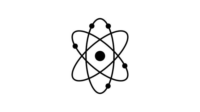 Atom symbol illustrated in a clean black line art style showing electrons orbiting a central nucleus for science education.