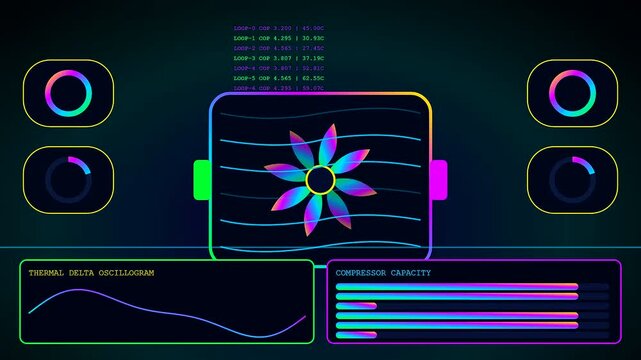 Digital power telemetry metrics display streaming live data on a dark interface featuring glowing flower shapes circular loading rings and fluctuating line graphs for system diagnostics