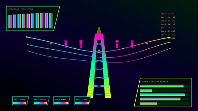 Digital power telemetry visualization showing dynamic electrical grid energy flow and voltage measurements on a glowing holographic interface with three shifting graphical display panels in motion