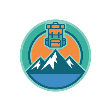 A circular camping badge featuring mountains and a travel backpack
