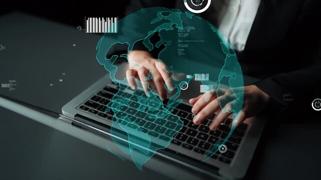 A close-up view of hands typing on a laptop keyboard, enhanced by a technology overlay that represents global connectivity and digital business transformation. Xenic