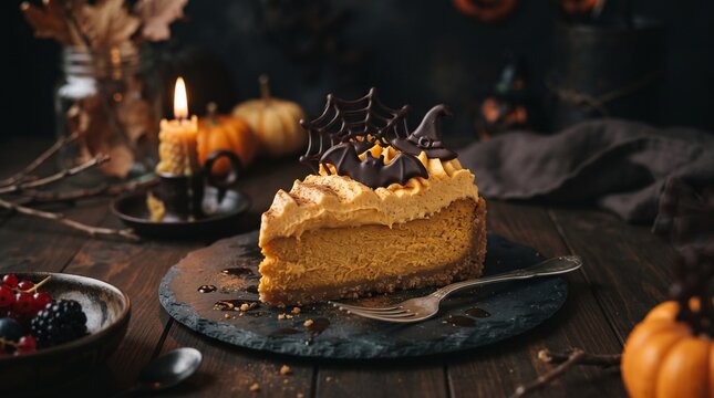 A slice of pumpkin cheesecake topped with Halloween chocolate decorations, including a bat and spider web, on a rustic dark wooden table.