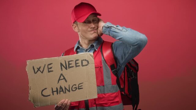 Man courier in red cap and safety vest holding cardboard sign we need a change and scratching head in studio; worker protest frustration.