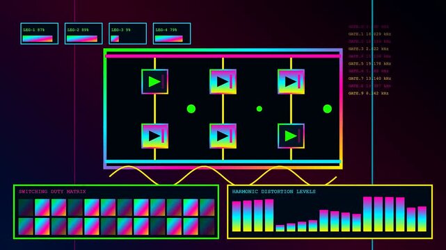 the complex power telemetry interface displays fluctuating spectral levels and moving signal bars across a dark gradient screen showing active diagnostic monitoring of system energy metrics