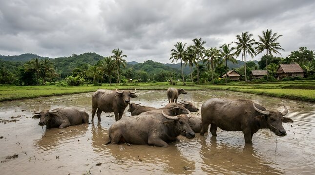 A herd of water buffaloes resting in a muddy rice paddy field in a rural Indonesian landscape