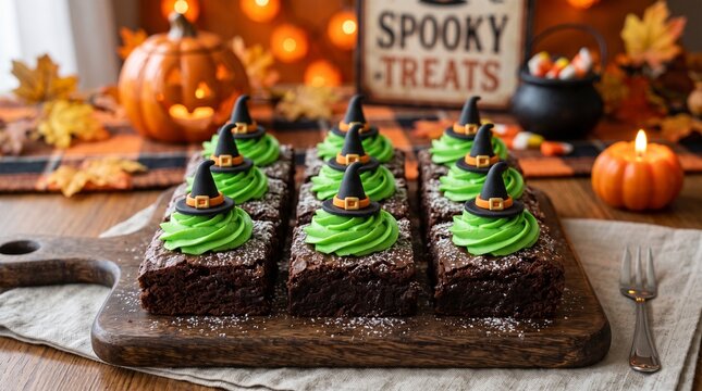 Halloween brownies topped with vibrant green frosting and black witch hats, displayed on a wooden board with festive autumn decorations.