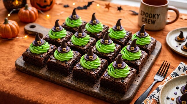 Festive Halloween chocolate brownies topped with vibrant green frosting and adorable chocolate witch hats, arranged on a rustic wooden serving board.