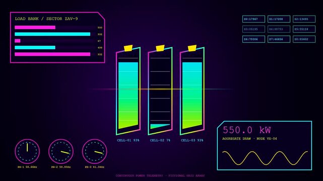Digital power telemetry metrics are displayed within three dynamic panels showing changing energy levels and fluctuating load banks in a vibrant neon hued graphical interface animation