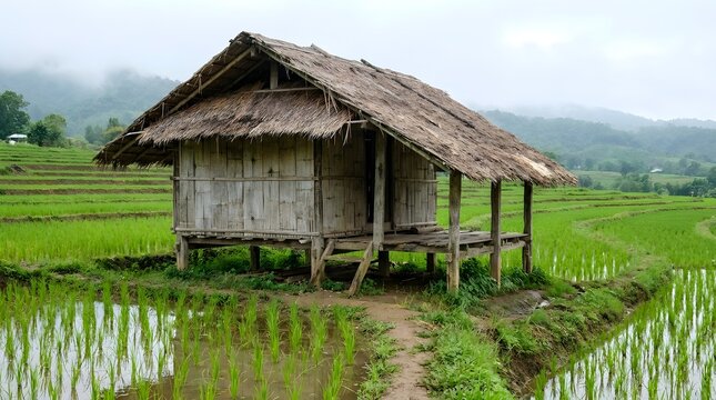 Traditional bamboo hut standing in lush green Indonesian rice terrace fields under misty hills