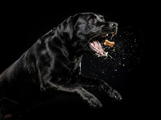 Naklejka premium Black Labrador dog catching a treat in mid-air isolated on a black background