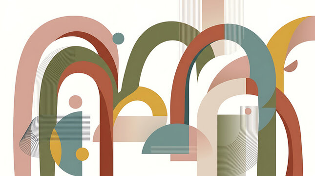 Geometric arches in terracotta, sage, and mustard shades form a boho background.