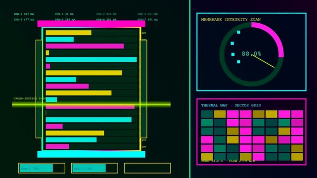 Displaying complex power telemetry monitoring screens featuring digital bar graphs circular progress meters and neon colored sector grid charts within a virtual user interface software environment