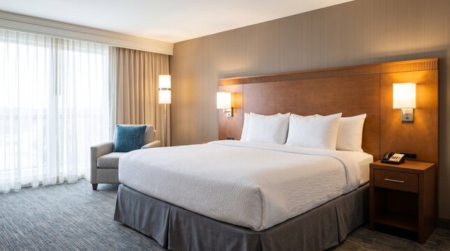 Modern Hotel Room Interior with King Size Bed and Armchair