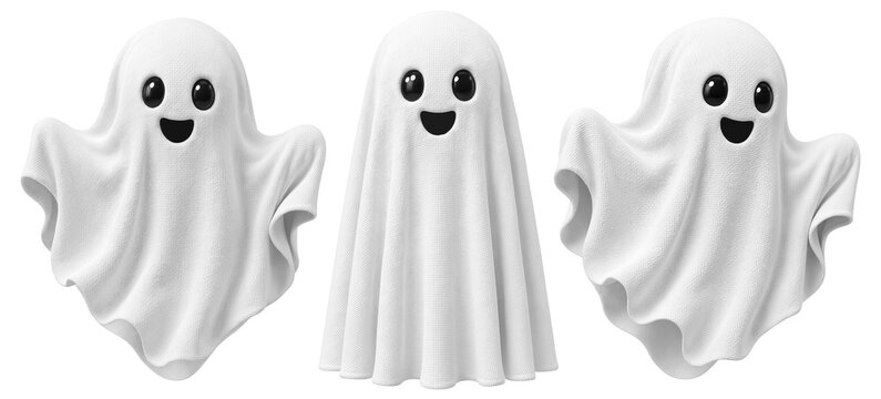 Friendly Halloween marketing and children's party design. A set of cute white fabric ghosts smile and float isolated for seasonal creative projects.