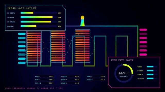 Industrial power telemetry interface displays fluctuating energy grid metrics with glowing neon charts and graphical numerical data readouts rendered in a dark digital user environment