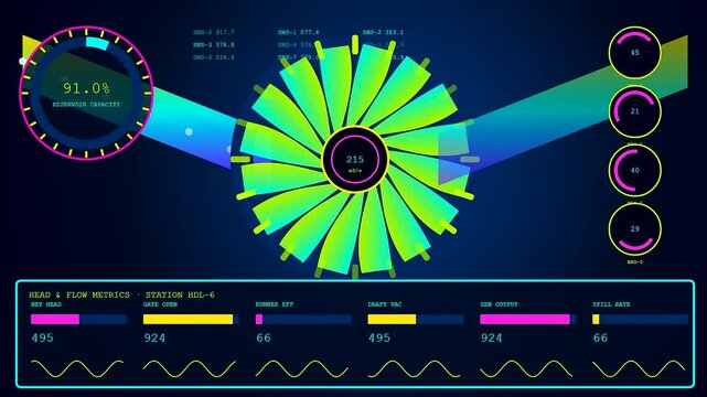 dynamic power telemetry displays showing fluid movement of neon colored circular gauges and rotating turbines across a dark digital interface during complex data monitoring system cycle