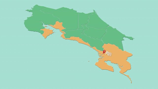 Mapa de Costa Rica con divisi&oacute;n pol&iacute;tica resaltando la provincia Puntarenas