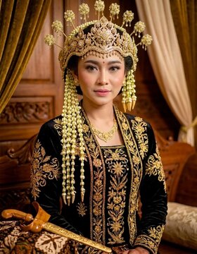 Portrait of a beautiful bride wearing traditional Javanese black velvet wedding dress and gold crown
