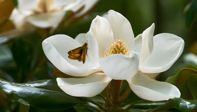 Southern Magnolia Blooming Accompanied by a Small Skipper Butterfly Feeding