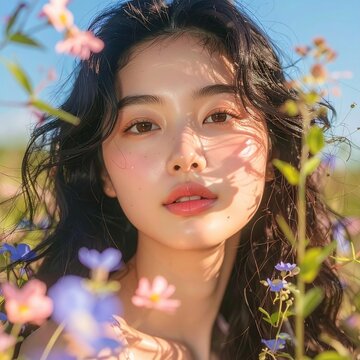 Close up portrait of a beautiful Asian woman with glowing skin standing in a field of wildflowers