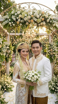 Portrait of happy Asian couple in traditional Indonesian wedding attire standing under a floral arch