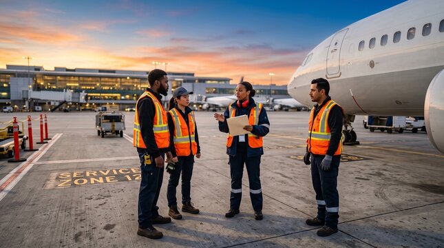 Ground crew briefing at sunrise before aircraft turnaround