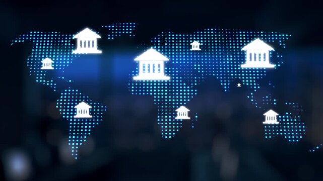 A futuristic robot points at a digital world map highlighted with banking data and growth indicators, symbolizing the intersection of finance and technology innovation. Synapse