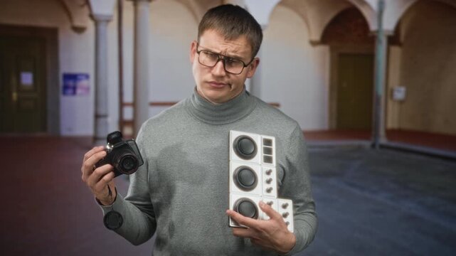 Young man holds camera in left hand and modular speaker in right, hand raised in questioning shrug while standing in an ornate building; puzzlement.