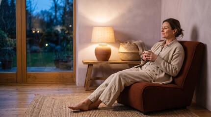 Fototapeta premium Woman unwinds in a softly lit pastel lounge