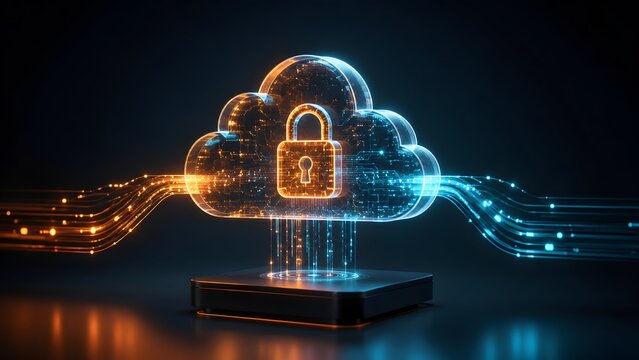 Cloud computing security concept with glowing padlock inside glass cloud and light streams