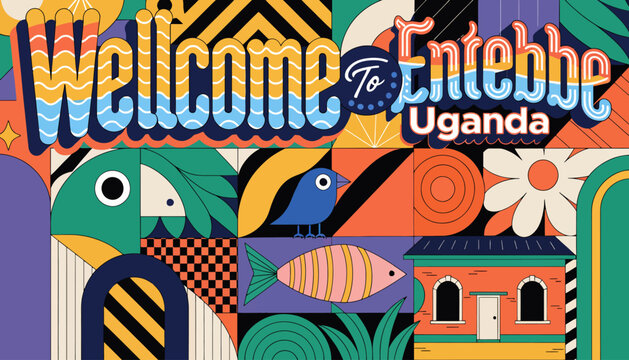 Welcome to Entebbe Uganda, colorful illustration with vibrant patterns and animals