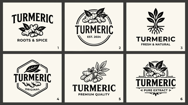 Collection of black and white turmeric logo designs.