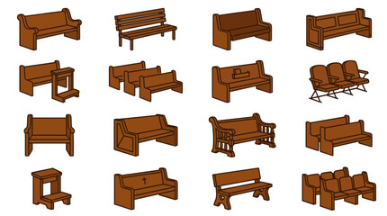 Fototapeta premium Collection of wooden park and church bench icons.