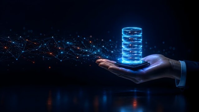 Futuristic hand holding glowing data server stack with microprocessor base and digital network nodes