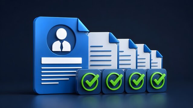 3D rendering of candidate screening and recruitment concept with profile documents and green approval checkmarks