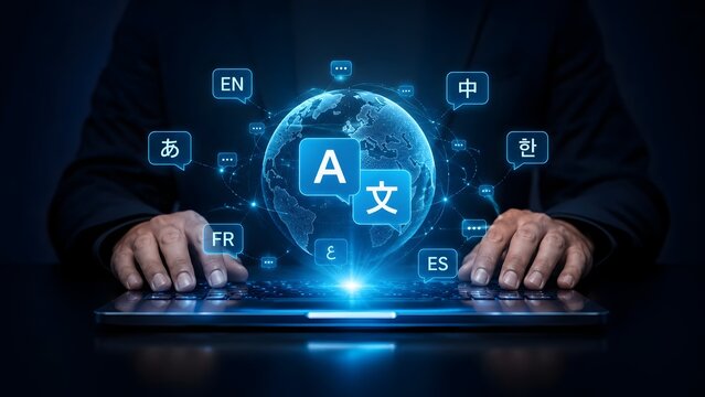 Artificial intelligence language translation concept with businessman using laptop and holographic multilingual globe