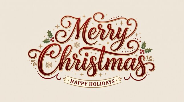 Elegant Merry Christmas and Happy Holidays script lettering with festive holly and snowflakes on a cream background