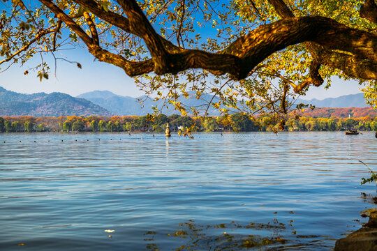 Autumn scenery of West Lake Hangzhou, water reflection of hills and ancient buildings