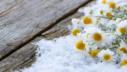 Obraz premium Snowy Scenes Featuring Daisies and Chamomile Against an Aged Wooden Setting