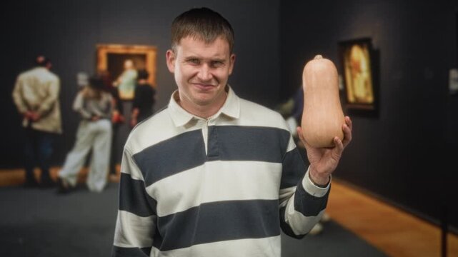 Man holds butternut squash in right hand, squints eyes and grimaces while displaying the gourd in a museum gallery with paintings and visitors; skepticism.