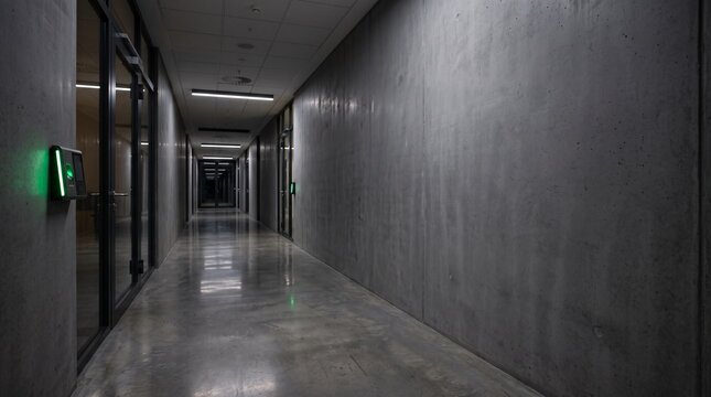 Dark concrete office corridor with a green glowing biometric reader beside a glass door