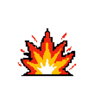 Fiery explosion pixel art icon with bright red, orange, and yellow flames, dynamic sparks, and a bold black outline.