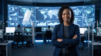 Fototapeta premium Confident african american woman standing with arms crossed in a dark security control room