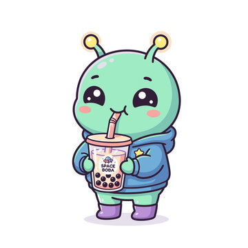 A cute, cartoon alien wearing a blue hoodie and purple boots, happily drinking a bubble tea with a straw